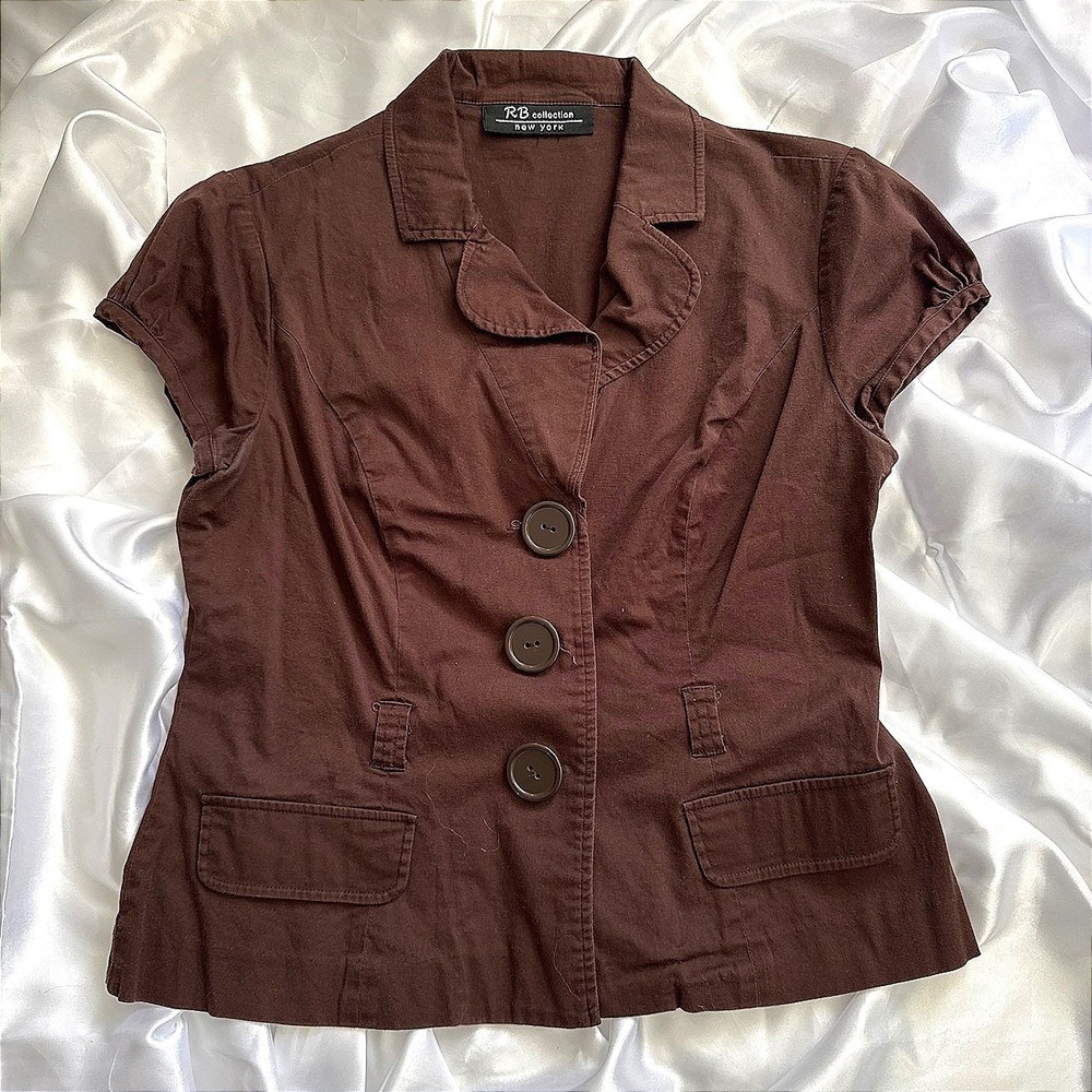 RB Collection New York Womens Brown Short Sleeve Button Up Blazer Top Sz L